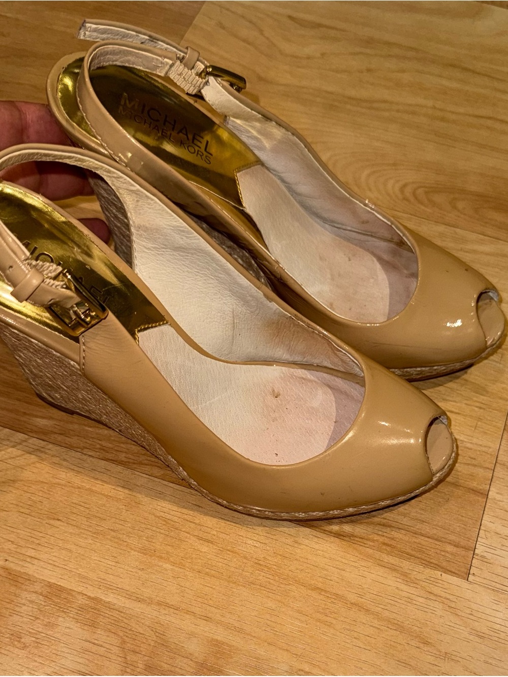 Michael Kors Patent Leather Peep-Toe Wedge Sandals in Nude Tan size 6.5 M